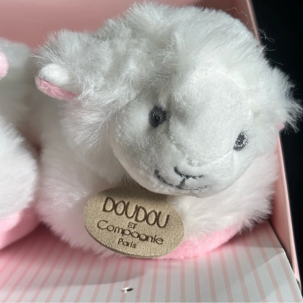 New Doudou et Compagnie Paris Baby Lamb Booties Pink Soft Plush Rattle Slippers